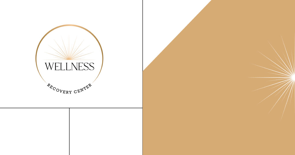 Wellness Recovery Center logo on white background with a gold ring sunburst and the text 'WELLNESS RECOVERY CENTER'; tan decorative right panel with a white radial burst at the edge.