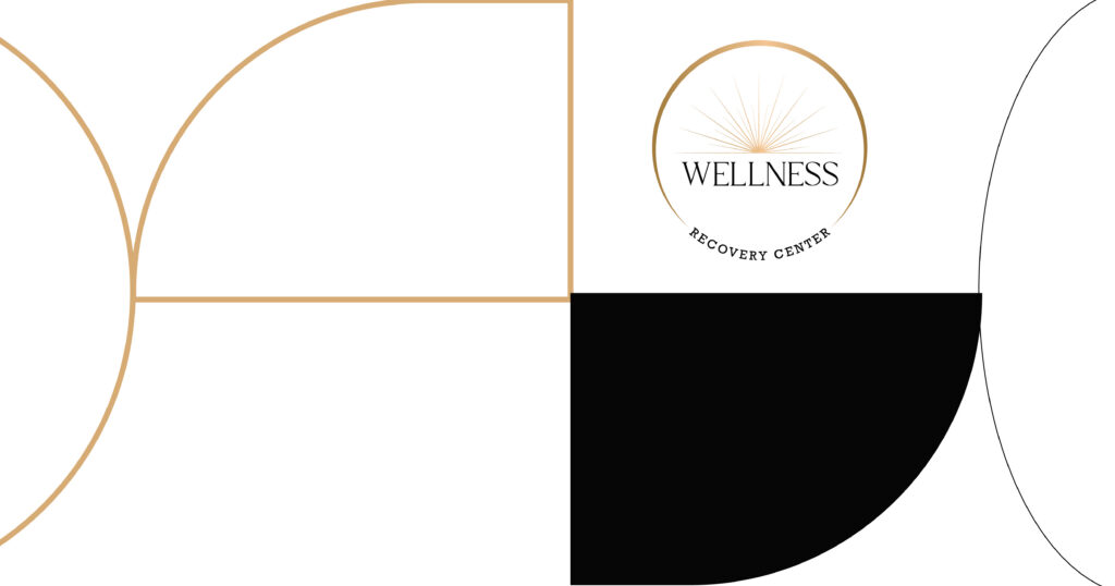 Abstract geometric composition with gold circular arc on the left, gold rectangular outline, black quarter-circle at bottom right, and a WELLNESS RECOVERY CENTER logo with sunburst.