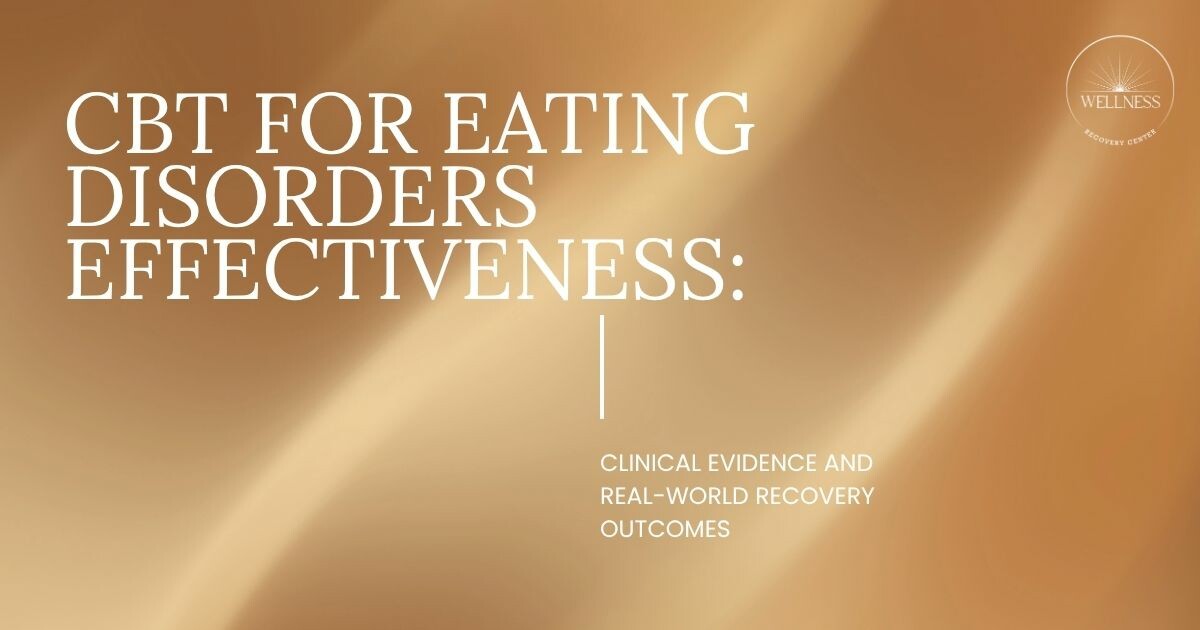 Cover slide: 'CBT for Eating Disorders Effectiveness' with subtitle 'Clinical Evidence and Real-World Recovery Outcomes' and a wellness logo in the corner on a warm gradient background.