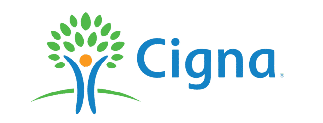 Cigna logo: blue abstract figure forming a tree with green leaves and an orange head, accompanied by the blue word 'Cigna'.