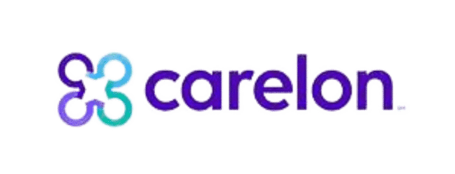 Carelon logo: teal and cyan interlocking loops icon to the left of the purple 'carelon' wordmark.