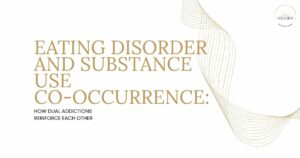Poster announcing 'Eating Disorder and Substance Use Co-Occurrence: How Dual Addictions Reinforce Each Other' with a decorative beige wave and a Wellness logo in the corner.