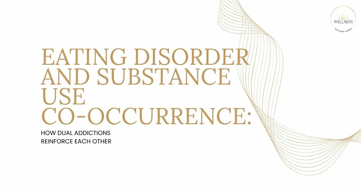 Poster announcing 'Eating Disorder and Substance Use Co-Occurrence: How Dual Addictions Reinforce Each Other' with a decorative beige wave and a Wellness logo in the corner.