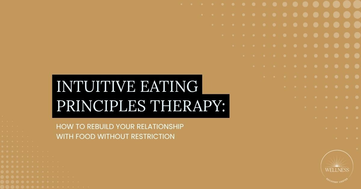 Cover slide: beige background with dotted patterns, title 'Intuitive Eating Principles Therapy: How to Rebuild Your Relationship with Food Without Restriction' and a Wellness logo bottom right.
