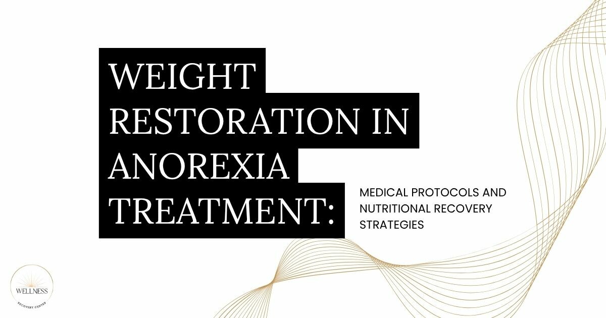 Cover slide for a presentation titled 'Weight Restoration in Anorexia Treatment' with subtitle 'Medical Protocols and Nutritional Recovery Strategies' and decorative gold curves in the background.