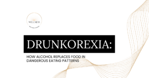 Cover slide about drunkorexia: 'DRUNKOREXIA' with subtitle 'How alcohol replaces food in dangerous eating patterns'; Wellness Recovery Center logo in top-left corner.