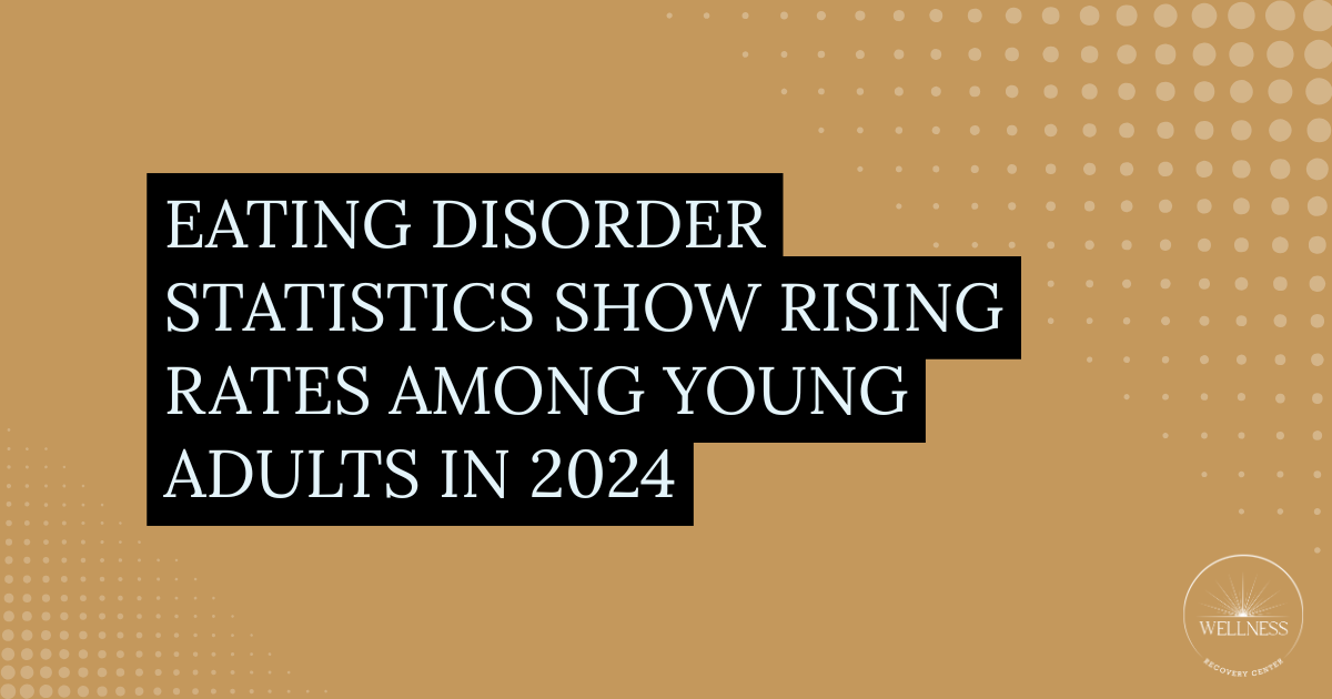Graphic headline: Eating disorder statistics show rising rates among young adults in 2024 on a brown, dotted background with a Wellness Recovery Center logo in the corner.